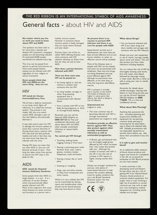 Fact files : World AIDS Day 1st December 1996 : the red ribbon is an international symbol of AIDS awareness : the most effective weapons against HIV are information and education / WAD Project, Health Education Authority, National AIDS Trust.