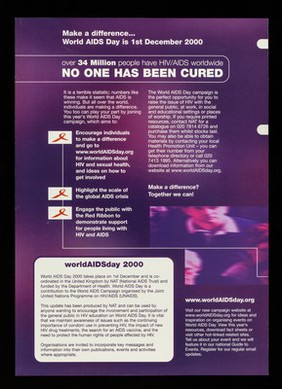 Over 34 million people have HIV/AIDS worldwide, no one has been cured : b WorldAIDSday campaign update / c NAT (National AIDS Trust).