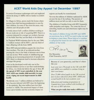 Children living in a world with AIDS : World AIDS Day appeal 1st December 1997 / Pat Macaulay, Chief Executive, ACET.