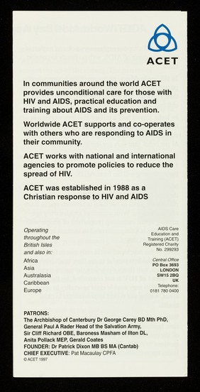 Children living in a world with AIDS : World AIDS Day appeal 1st December 1997 / Pat Macaulay, Chief Executive, ACET.