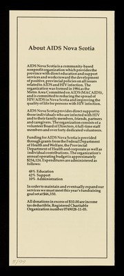 AIDS Nova Scotia : 5224 Blowers Street, Suite 206, Halifax, Nova Scotia B3J 1J7.