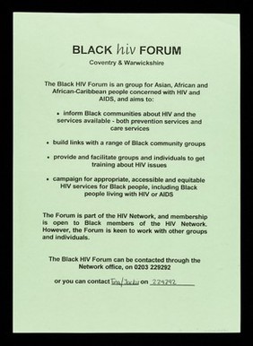 Black HIV Forum Coventry & Warwickshire.