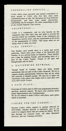CARA : Care and Resources for people affected by AIDS/HIV : a pastoral ministry : The Basement, 178  Lancaster Road, London W11 1QU ...