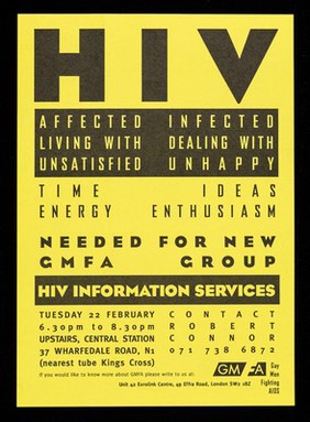 HIV : affected, infected, living with, dealing with, unsatisfied, unhappy : time, ideas, energy, enthusiasm needed for new GMFA group : HIV information services ... / GMFA.