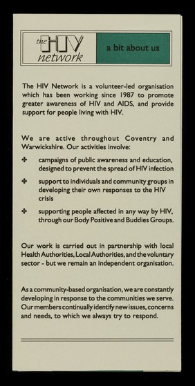 The HIV Network : a community response in Coventry & Warwickshire : general information.