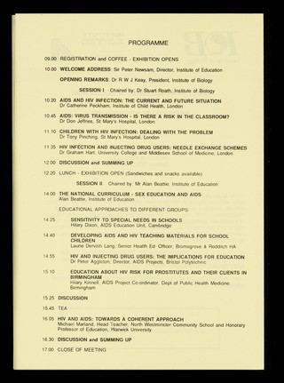 AIDS : a challenge in education : Wednesday 29 November 1989 at Logan Hall, Institute of Education, Bedford Way, London / Institute of Biology, Institute of Education.