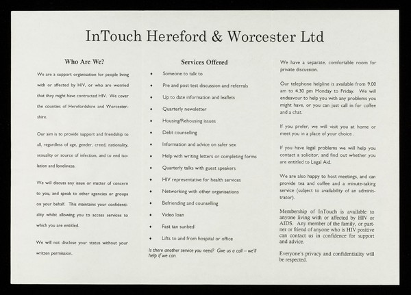 InTouch Hereford & Worcester Ltd : 14 Pierpoint Street, Worcester WR1 1TA : HIV & AIDS Support Organisation.