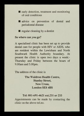 A community dental clinic for people with HIV and AIDS / Lewisham & North Southwark Health Authority ; graphic designer: Chrissan Moldrich.