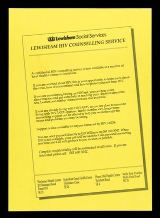 Lewisham HIV counselling service / Lewisham Social Services.