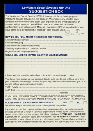 Lewisham Social Services HIV Unit suggestion box / Steve Ball, Lewisham Social Service HIV Unit.