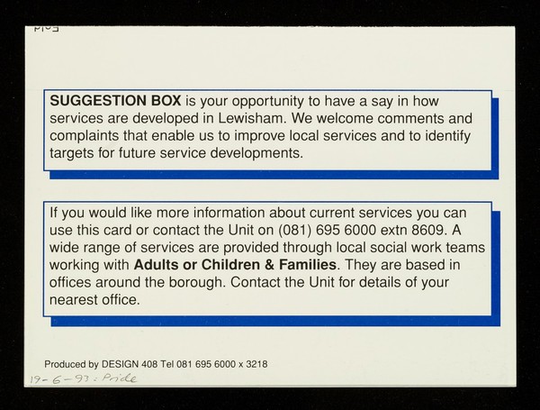 Lewisham Social Services HIV Unit suggestion box / Steve Ball, Lewisham Social Service HIV Unit.