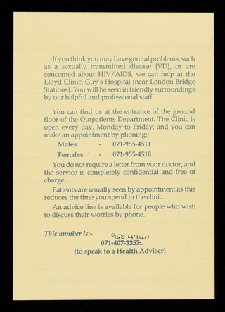 What's s special about the Lloyd Clinic? : concerned about sexually transmitted diseases, HIV/AIDS? / text by the Department of Genito-Urinary Medicine, Guys Hospital, London ; design by the Health Promotion Unit of Lewisham & North Southwark District.