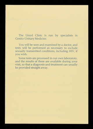 What's s special about the Lloyd Clinic? : concerned about sexually transmitted diseases, HIV/AIDS? / text by the Department of Genito-Urinary Medicine, Guys Hospital, London ; design by the Health Promotion Unit of Lewisham & North Southwark District.