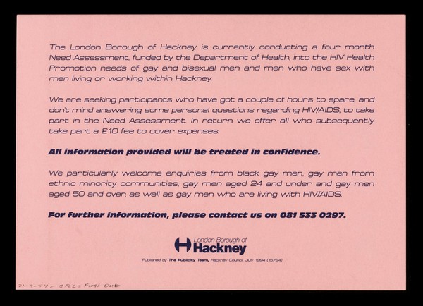 HIV needs assessment : got something to say? Want to say it? We want to hear from you / London Borough of Hackney.