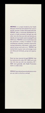 MESMAC : men who have sex with men : London, Newcastle, Leeds, Leicester : action in the community / MESMAC.
