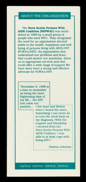 Nova Scotia PWA Coalition : empowerment, oureach, sharing, living : what we can do for you / Nova Scotia PWA Coalition.