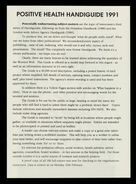 Positive health handiguide 1991 : advice, support, counselling, clinics, agencies, helplines, sexual health, AIDS/HIV, drugs / Intercomm Data Base Services.