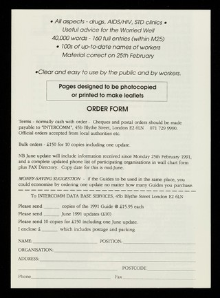 Positive health handiguide 1991 : advice, support, counselling, clinics, agencies, helplines, sexual health, AIDS/HIV, drugs / Intercomm Data Base Services.