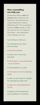 Affected by HIV or AIDS? : The Red Admiral Project, a free counselling service for people affected by HIV and AIDS : 0171-835 1495.