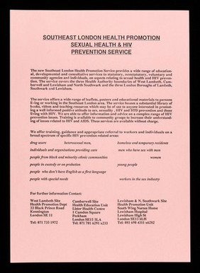 Southeast London Health Promotion Sexual Health & HIV Prevention Service.