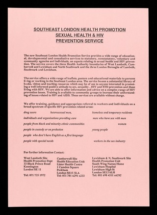 Southeast London Health Promotion Sexual Health & HIV Prevention Service.
