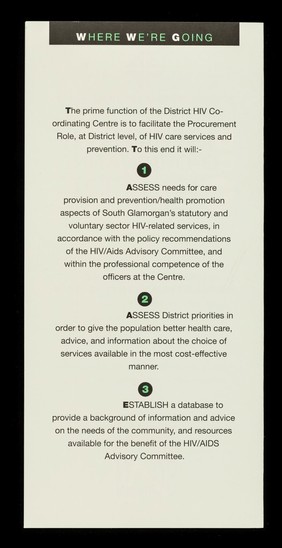 District HIV Co-ordinating Centre : uniting care and prevention into the 90's / South Glamorgan Health Authority, South Glamorgan AIDS Network.