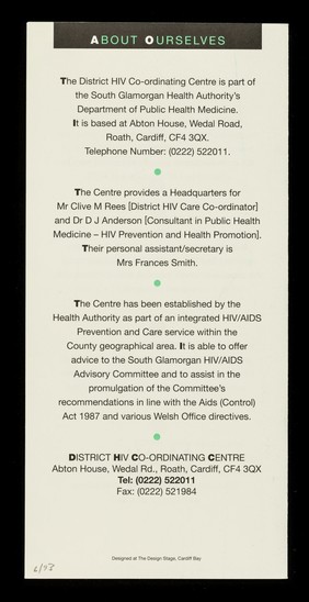 District HIV Co-ordinating Centre : uniting care and prevention into the 90's / South Glamorgan Health Authority, South Glamorgan AIDS Network.