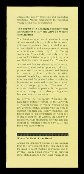 Community-based AIDS prevention and care in Africa : building on local initiatives.
