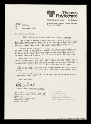Dear Secretary of State : AIDS - back-up and support services to publicity campaign / Valerie Stead, Assistant Director, Thames Polytechnic.