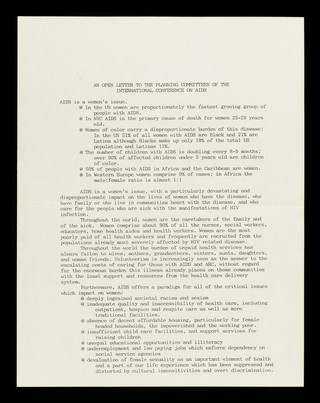 An open letter to the planning committees of the International conference on AIDS : AIDS is a women's issue / International Working Group on Women and AIDS.