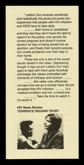 Letters Out : video and manual : a unique package about women and HIV / Second Sight, Zair Works, 111 Bishop Street, Birmingham.
