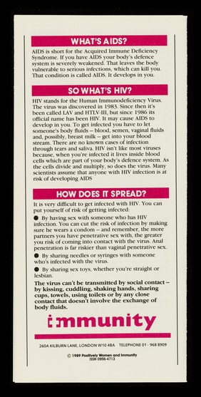Women and AIDS : plain speaking about AIDS and how it affects women, written for women by the experts - women. 1, Prevention / Positively Women and Immunity.