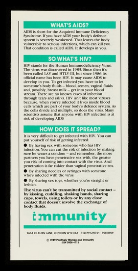 Women and AIDS : plain speaking about AIDS and how it affects women, written for women by the experts - women. 2, Positive result? - Look after yourself / Positively Women and Immunity.