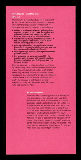 Plain speaking about HIV and AIDS and how it affects women written for women by the experts - women. 1, Prevention / Positively Women.