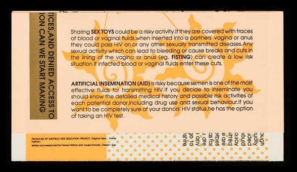 Lesbians, HIV & AIDS : lesbians & safer sex... are you serious? : HIV & AIDS: the facts / written & researched by Tracey Nathan and Louise Knowles ; produced by Sheffield AIDS Education Project.