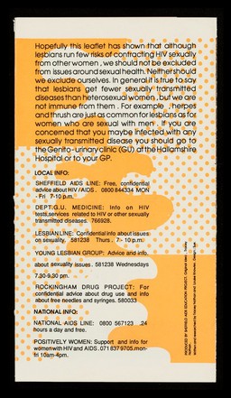 Lesbians, HIV & AIDS : lesbians & safer sex... are you serious? : HIV & AIDS: the facts / written & researched by Tracey Nathan and Louise Knowles ; produced by Sheffield AIDS Education Project.