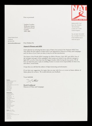 Dear Madam/Sir : Impact 8: women and AIDS ... / David Coulthread, Director of Policy and Campaigns.