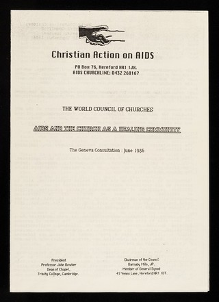 AIDS and the church as a healing community : the Geneva consultation: June 1986 / Christian Action on AIDS, The World Council of Churches.