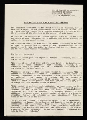 AIDS and the church as a healing community : the Geneva consultation: June 1986 / Christian Action on AIDS, The World Council of Churches.