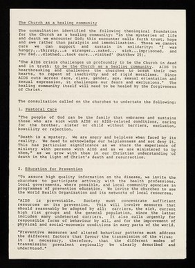 AIDS and the church as a healing community : the Geneva consultation: June 1986 / Christian Action on AIDS, The World Council of Churches.