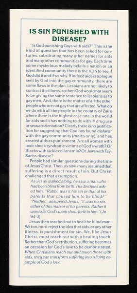 AIDS : is it God's judgement? : A Christian view of faith, hope and love from the Metropolitan Community Church / United Fellowship of Metropolitan Community Churches.