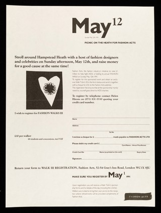 May12 : Sunday May 12th 1991 : picnic on the heath for Fashion Acts : stroll around Hampstead Heath with a host of fashion designers and celebrities on Sunday afternoon, May 12th, and raise money for a good cause at the same time / Fashion Acts.