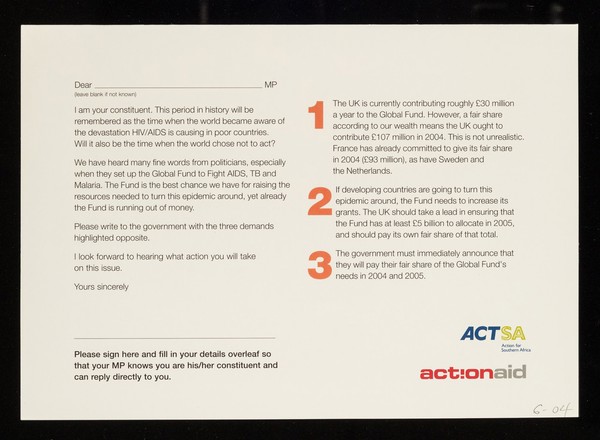 Tell your MP: enough fine words! : Enough fine words! Fund the fight against AIDS / ACTSA, Action for Southern Africa ; ActionAid.