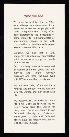 Positive Catholics : we are a peer support network of Christians living with HIV.