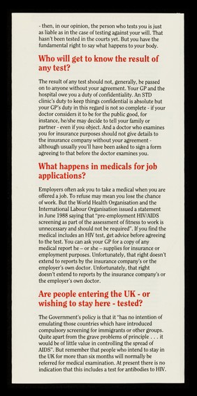 Your rights in the AIDS era. 1, Testing / Immunity Publications Ltd.