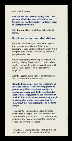 Your rights in the AIDS era. 2, Your rights at work / Immunity Publications Ltd.