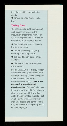 AIDS and the workplace : health service staff : a NUPE health & safety publication / NUPE.