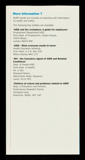 AIDS and the workplace : health service staff : a NUPE health & safety publication / NUPE.