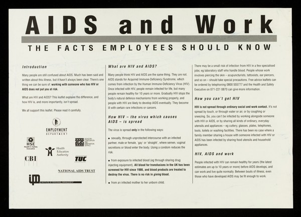 AIDS and work : the facts employees should know / prepared by the Department of Employment and the Central Office of Information.