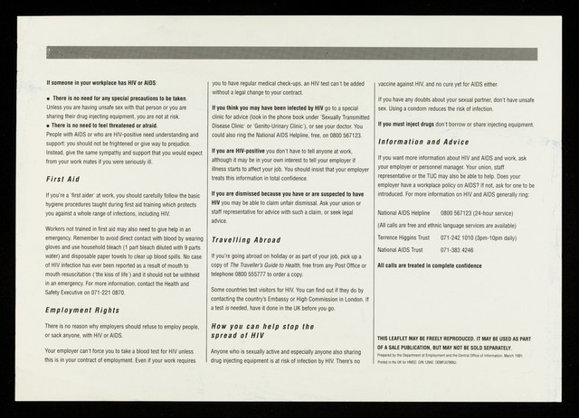 AIDS and work : the facts employees should know / prepared by the Department of Employment and the Central Office of Information.